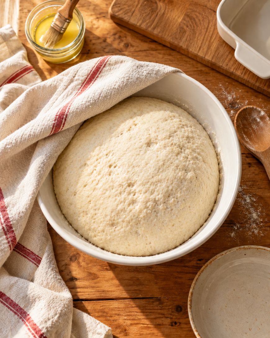 A bowl of risen dough covered partially with a striped cloth sits on a wooden table, surrounded by a wooden spoon, a small jar of melted butter with a brush, and an empty dish.