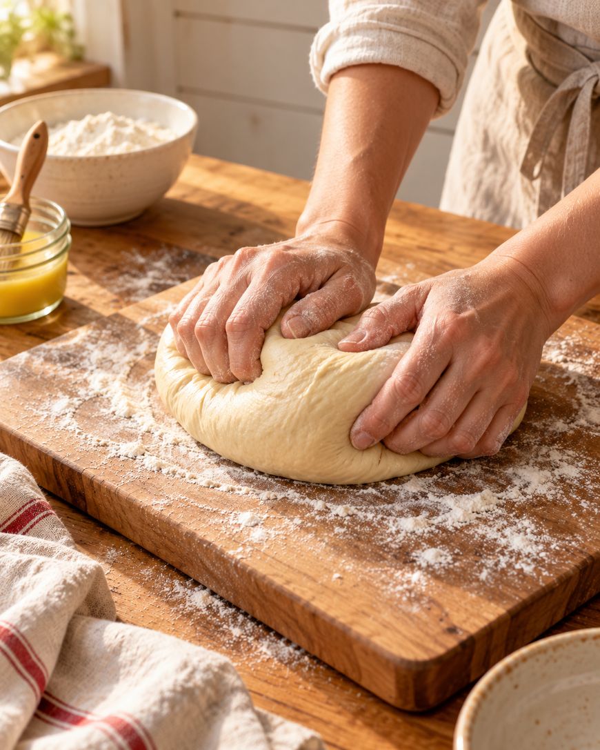 A person kneads dough on a floured wooden board in a cozy kitchen, with bowls of flour and melted butter nearby.
