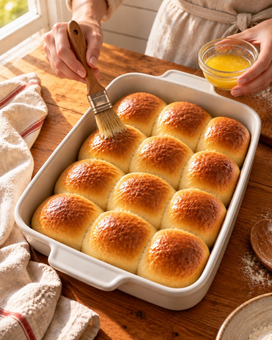 A person brushes melted butter on golden brown rolls in a white baking dish on a wooden table, with sunlight streaming in from a window.