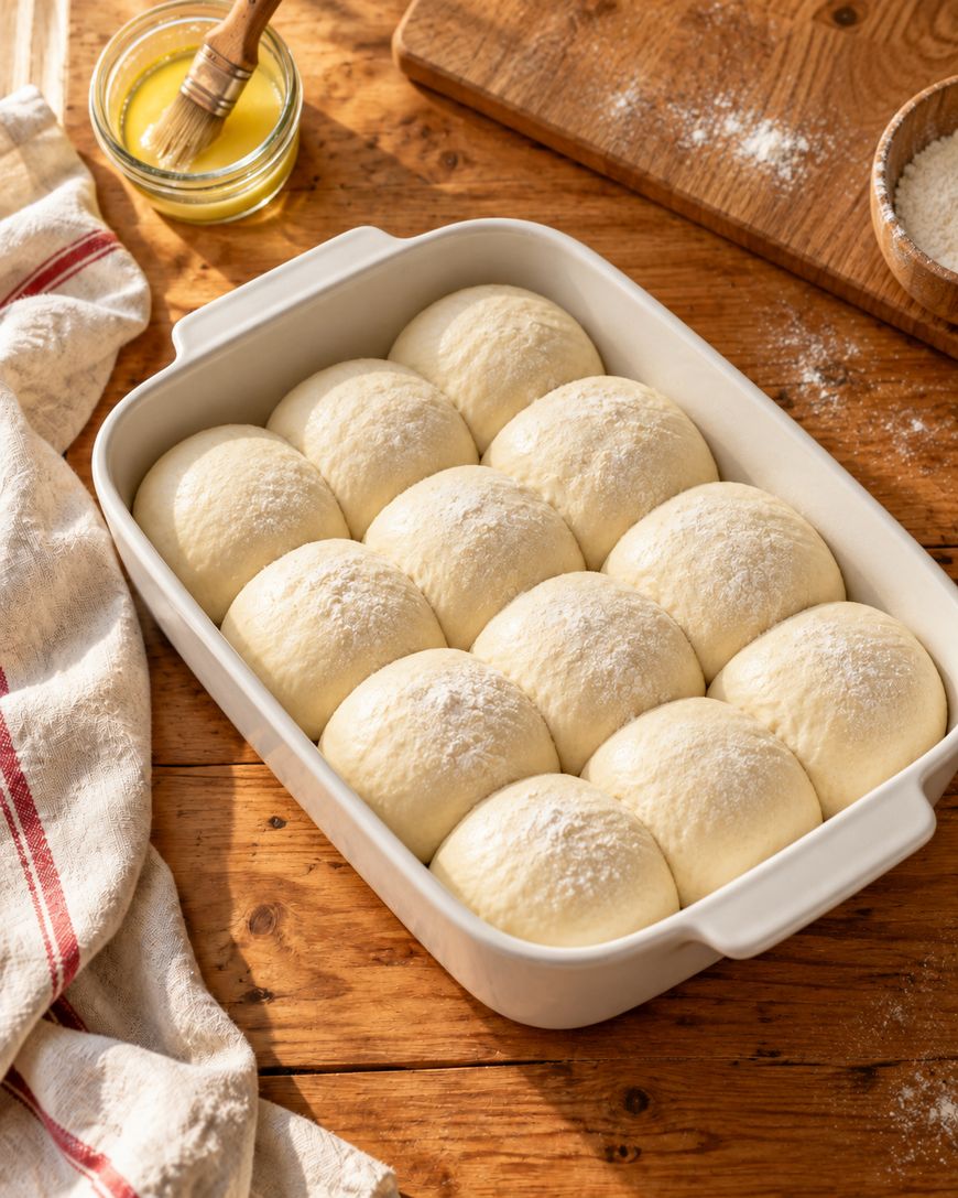 A white baking dish filled with twelve round, uncooked dough balls dusted with flour sits on a wooden table, near a jar of melted butter, a pastry brush, and a striped kitchen towel.