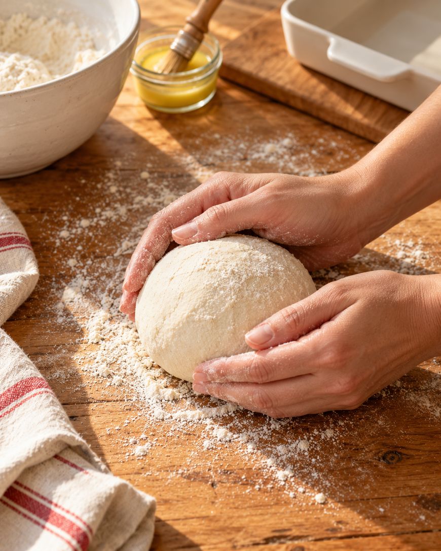 Hands shaping a ball of dough on a floured wooden surface, with a bowl of flour, a dish of melted butter, and a kitchen towel nearby.