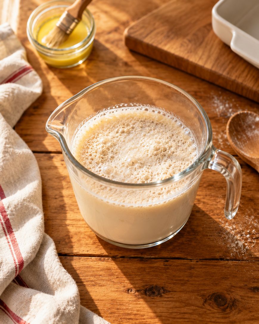 A glass measuring cup filled with frothy liquid sits on a wooden table near a spoon, a bowl of melted butter with a brush, a towel, and a wooden cutting board.