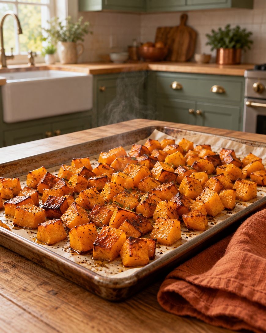 A baking sheet of roasted butternut squash cubes seasoned with herbs sits on a wooden kitchen table; green cabinets and kitchen decor are in the background.