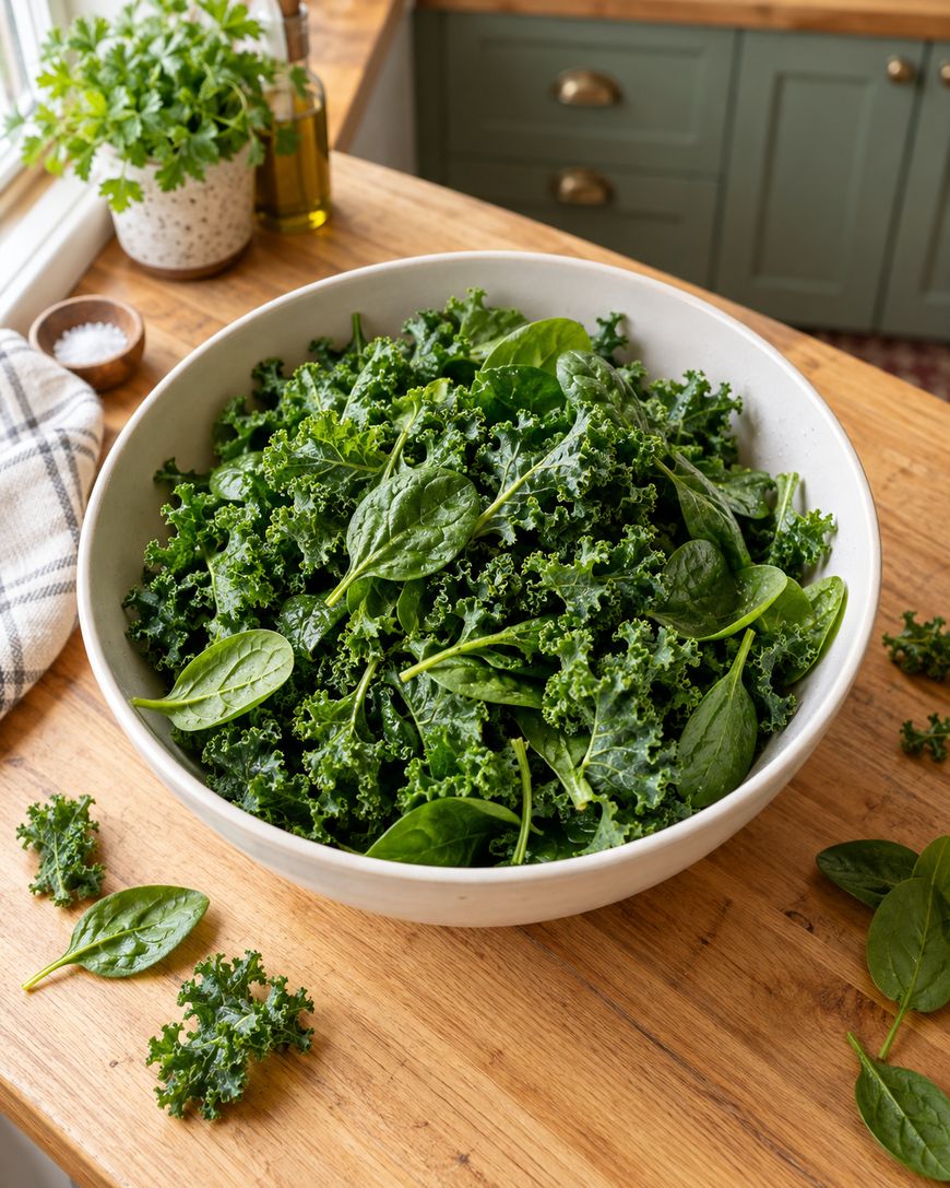 A white bowl filled with fresh kale and spinach leaves sits on a wooden kitchen counter, with a few loose leaves nearby and potted herbs in the background.