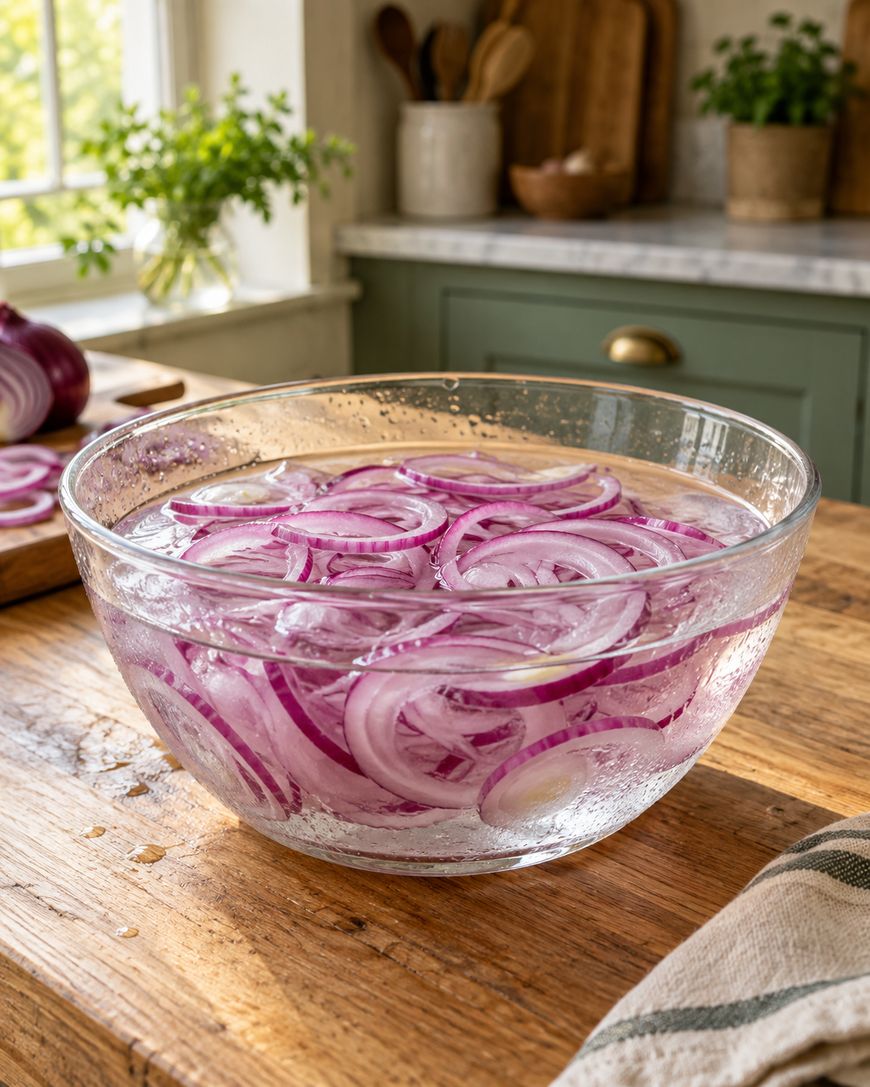A glass bowl filled with sliced red onions soaking in water sits on a wooden kitchen countertop, with sunlight streaming through a window in the background.