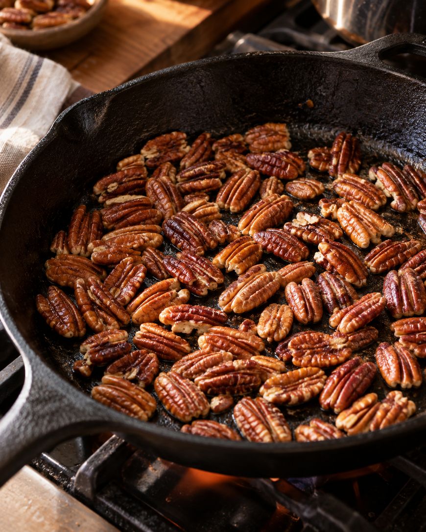 Pecans being toasted in a black cast iron skillet on a stove, with a striped towel and a wooden surface in the background.