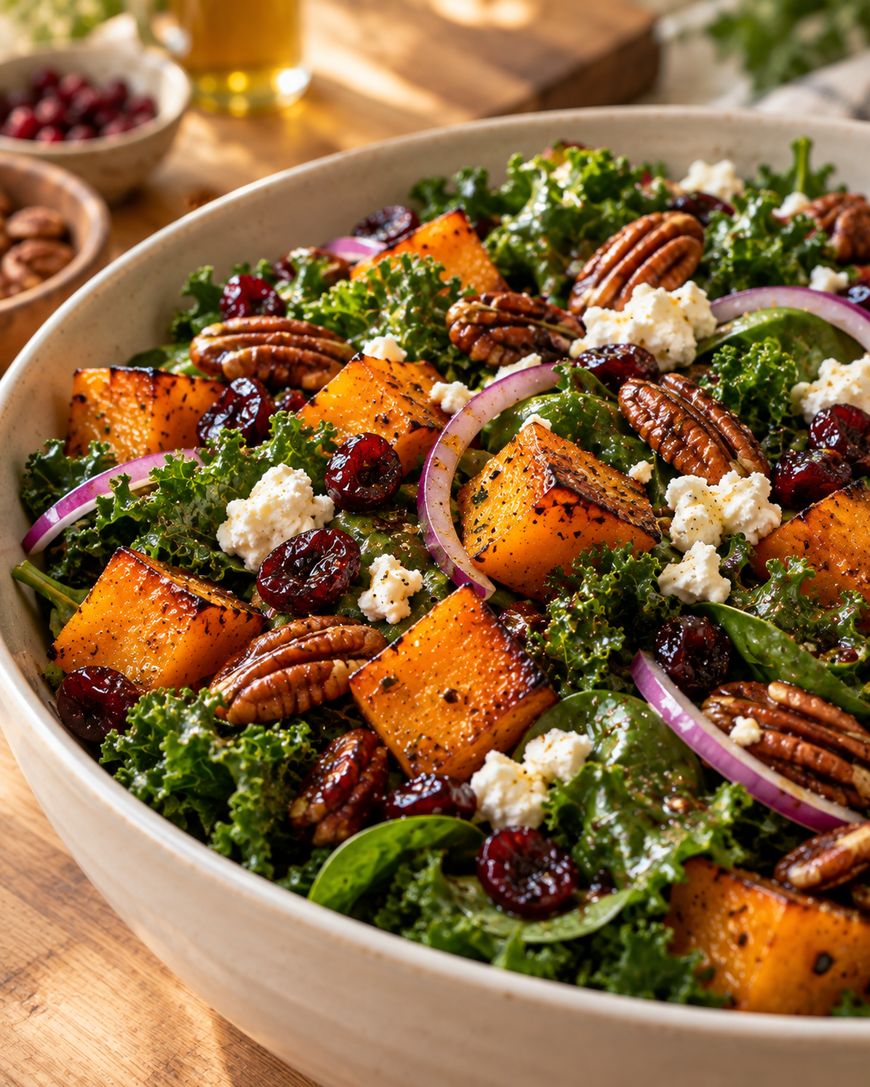 A bowl of salad with kale, roasted butternut squash, pecans, red onion slices, dried cranberries, and crumbled cheese on a wooden table.