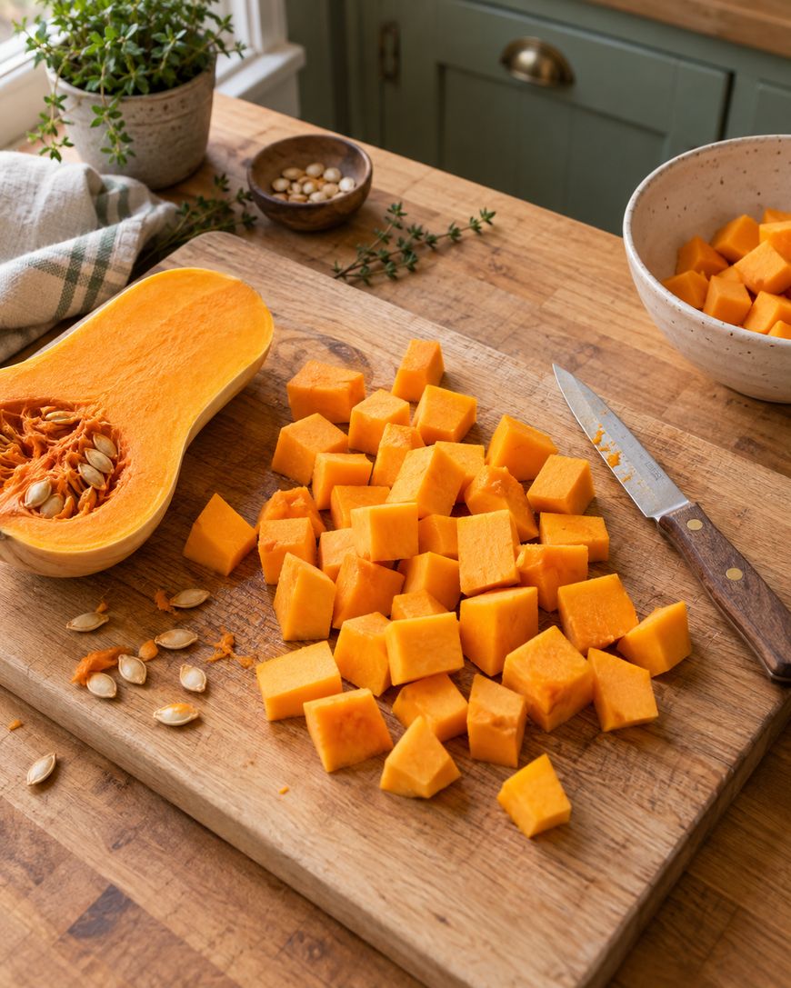 A butternut squash, halved and seeded, sits on a cutting board with cubed pieces nearby. A knife, seeds, and a bowl of cubed squash are also on the wooden table. Herbs and a towel are in the background.