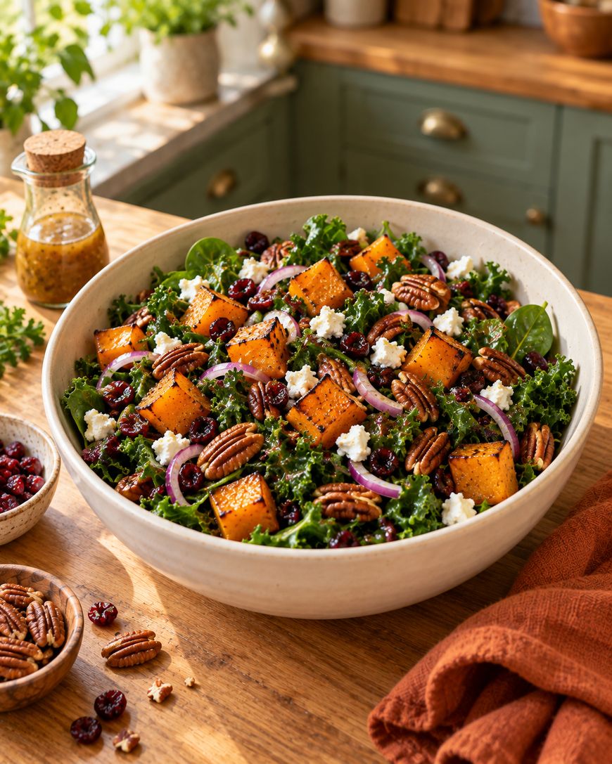 A bowl of salad with kale, roasted butternut squash, pecans, red onion, dried cranberries, and crumbled cheese sits on a wooden counter, with salad dressing, pecans, and cranberries nearby.