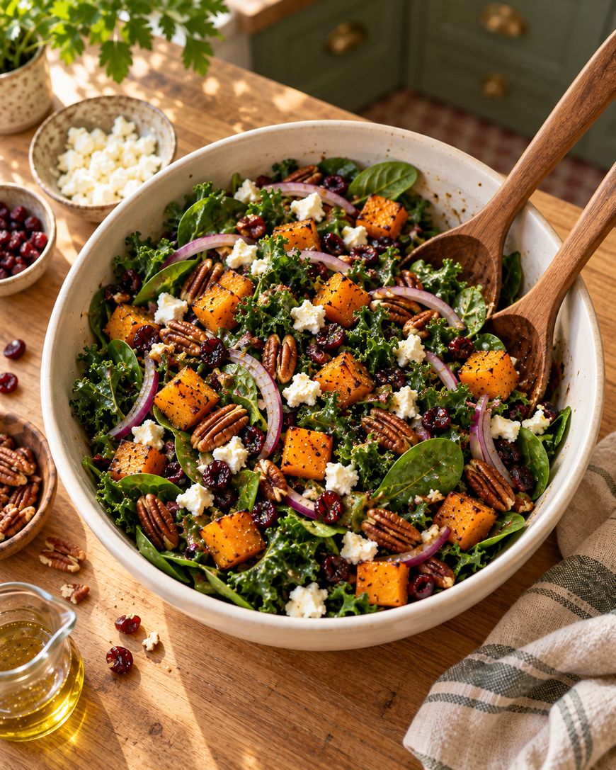 Bowl of salad with kale, spinach, roasted butternut squash, pecans, red onion, dried cranberries, and crumbled feta cheese on a wooden table with salad servers.