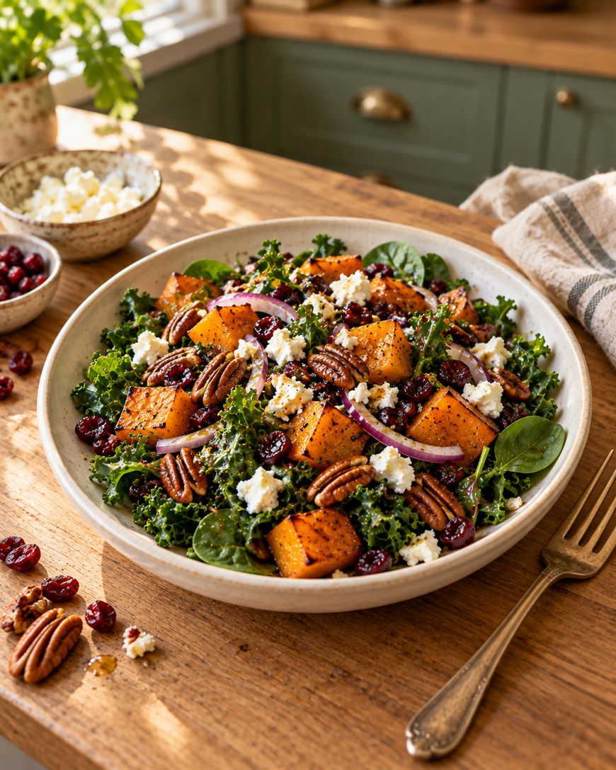 A salad with kale, roasted butternut squash, pecans, red onion, dried cranberries, and crumbled feta is served in a bowl on a wooden table with a fork and extra toppings nearby. Sunlight streams through a window.