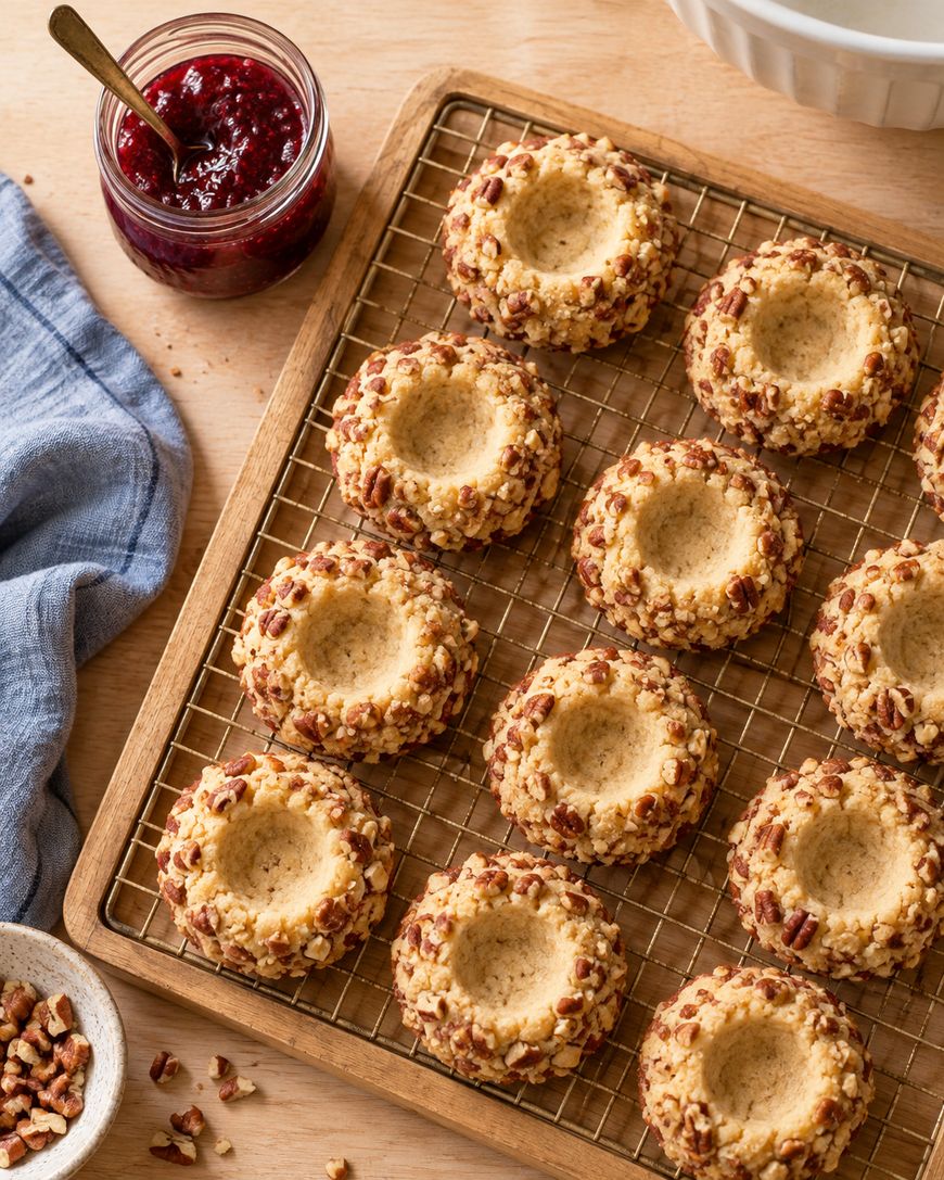 A cooling rack holds twelve round, nut-covered thumbprint cookies with empty centers. Nearby are a jar of red jam with a spoon, a bowl of chopped nuts, and a blue napkin on a wooden surface.
