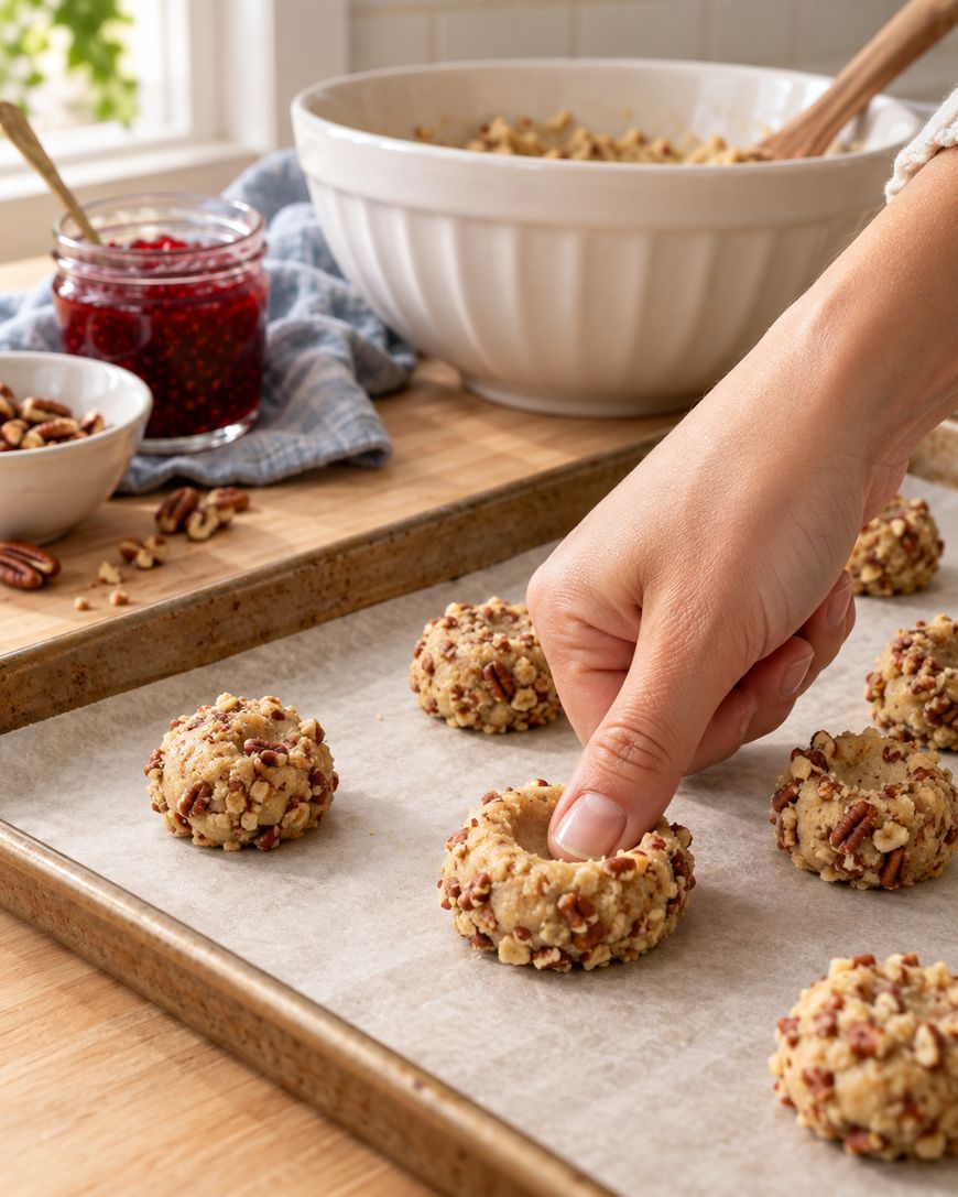 A hand presses a thumbprint into unbaked pecan-coated cookie dough balls on a baking sheet. A bowl, jam jar, and nuts are in the background on a wooden countertop.