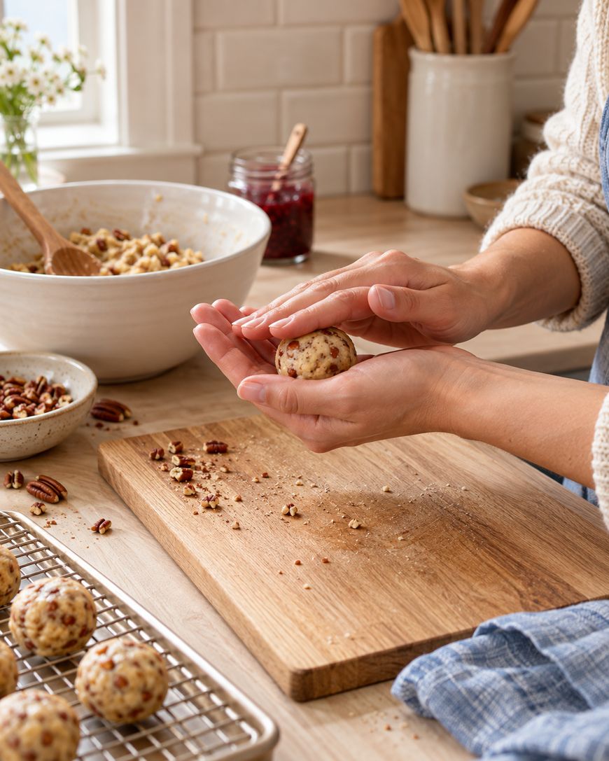 Close-up of hands shaping dough into balls on a wooden cutting board, with nuts, a mixing bowl, and a cooling rack nearby in a cozy kitchen setting.