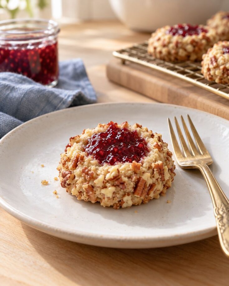 A pecan-crusted thumbprint cookie filled with red jam sits on a white plate with a gold fork. A jar of jam, blue napkin, and cooling rack with more cookies are in the background.