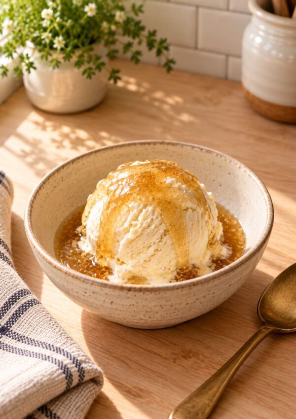 A bowl of vanilla ice cream drizzled with caramel sauce on a wooden table, beside a gold spoon and a blue-striped cloth, with a potted plant in the background.