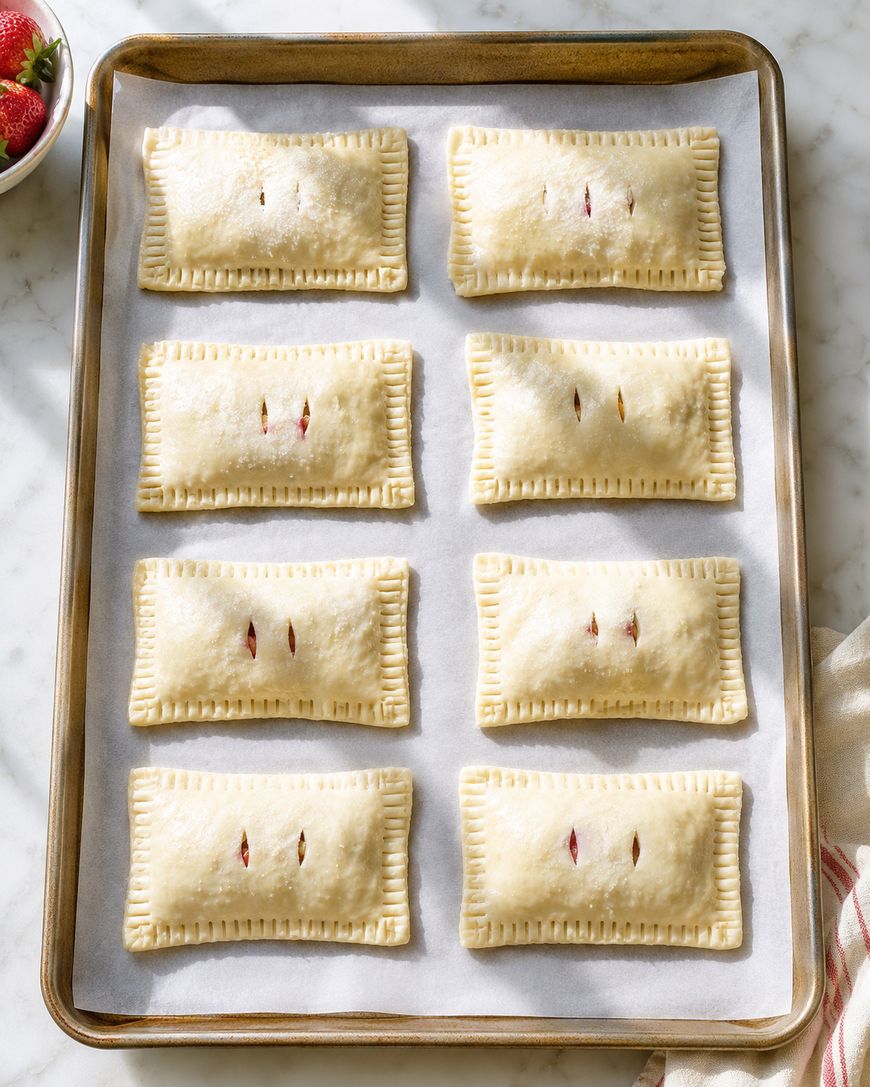 Eight unbaked rectangular pastries with crimped edges and small slits on top are arranged on a parchment-lined baking sheet. A bowl with sliced strawberries is partially visible in the corner.