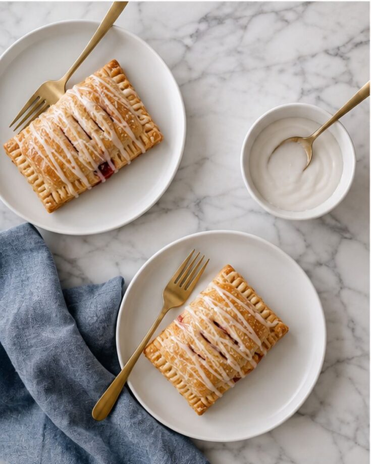 Two rectangular pastries with white icing on white plates, each with a gold fork. A small bowl of icing and a gold spoon are nearby, with a blue cloth on the marble surface.