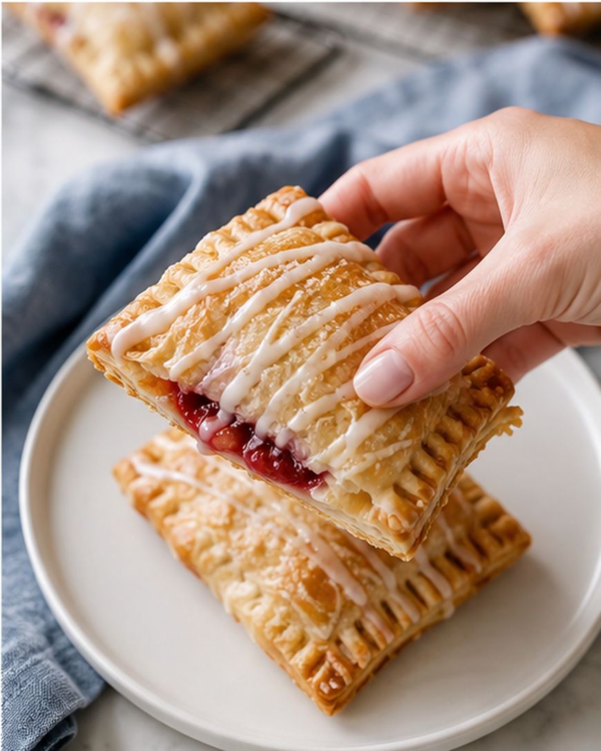 A hand holding a flaky, rectangular pastry with visible red filling and white icing, above a plate with two similar pastries.