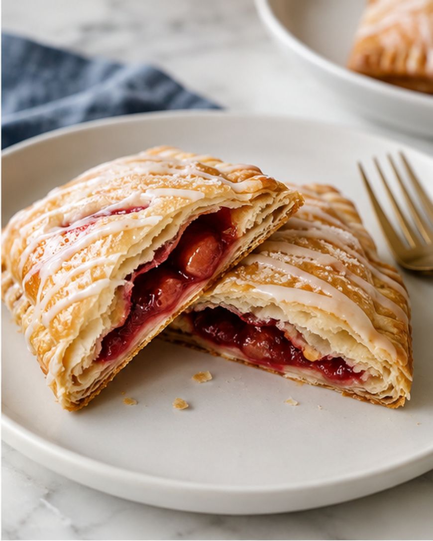 A flaky cherry turnover cut in half, showing a cherry filling, sits on a white plate. The pastry is drizzled with white icing, and a fork is placed next to the plate.