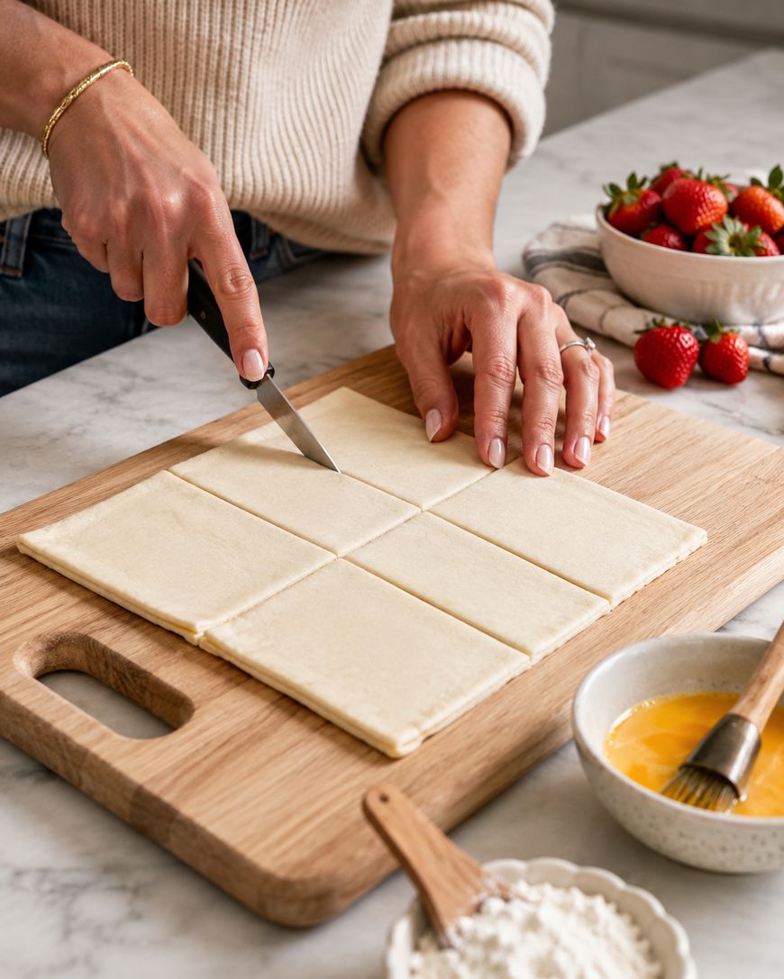 A person cuts a sheet of dough into squares on a wooden board. Nearby are a bowl of strawberries, a bowl with an egg wash and brush, and a small dish of flour.