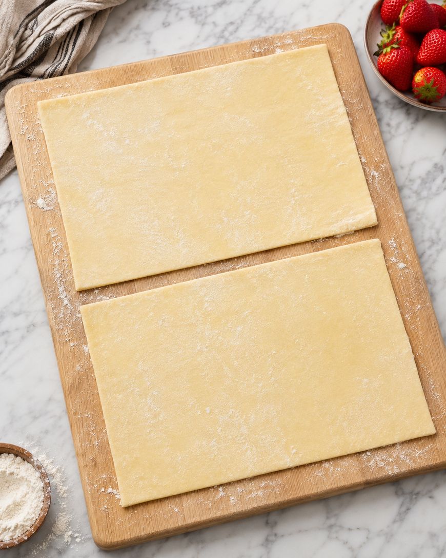 Two large, rectangular sheets of raw pastry dough on a wooden board, lightly dusted with flour. A bowl of strawberries and a small bowl of flour sit nearby on a marble surface.