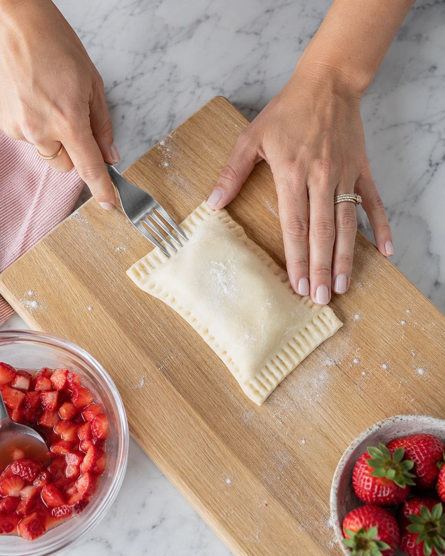 A person seals a rectangular pastry with a fork on a wooden board. Chopped strawberries and whole strawberries are nearby, suggesting a fruit-filled dessert preparation.