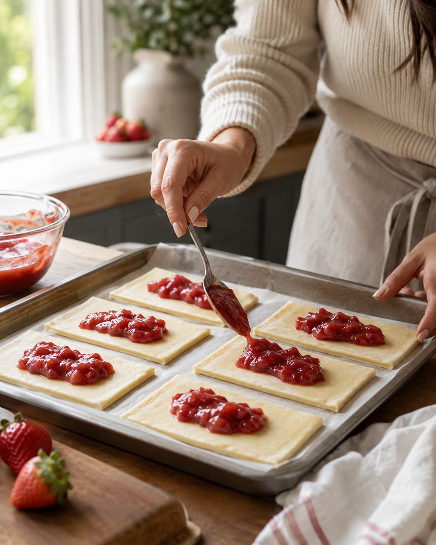 A person spooning strawberry filling onto rectangular pastry dough pieces arranged on a baking sheet, with a bowl of filling and fresh strawberries nearby.