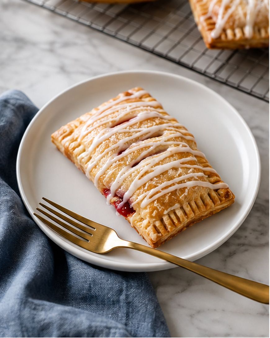 A rectangular pastry with white icing drizzle and fruit filling sits on a white plate with a gold fork, atop a marble surface next to a blue napkin. Another pastry is cooling on a rack in the background.
