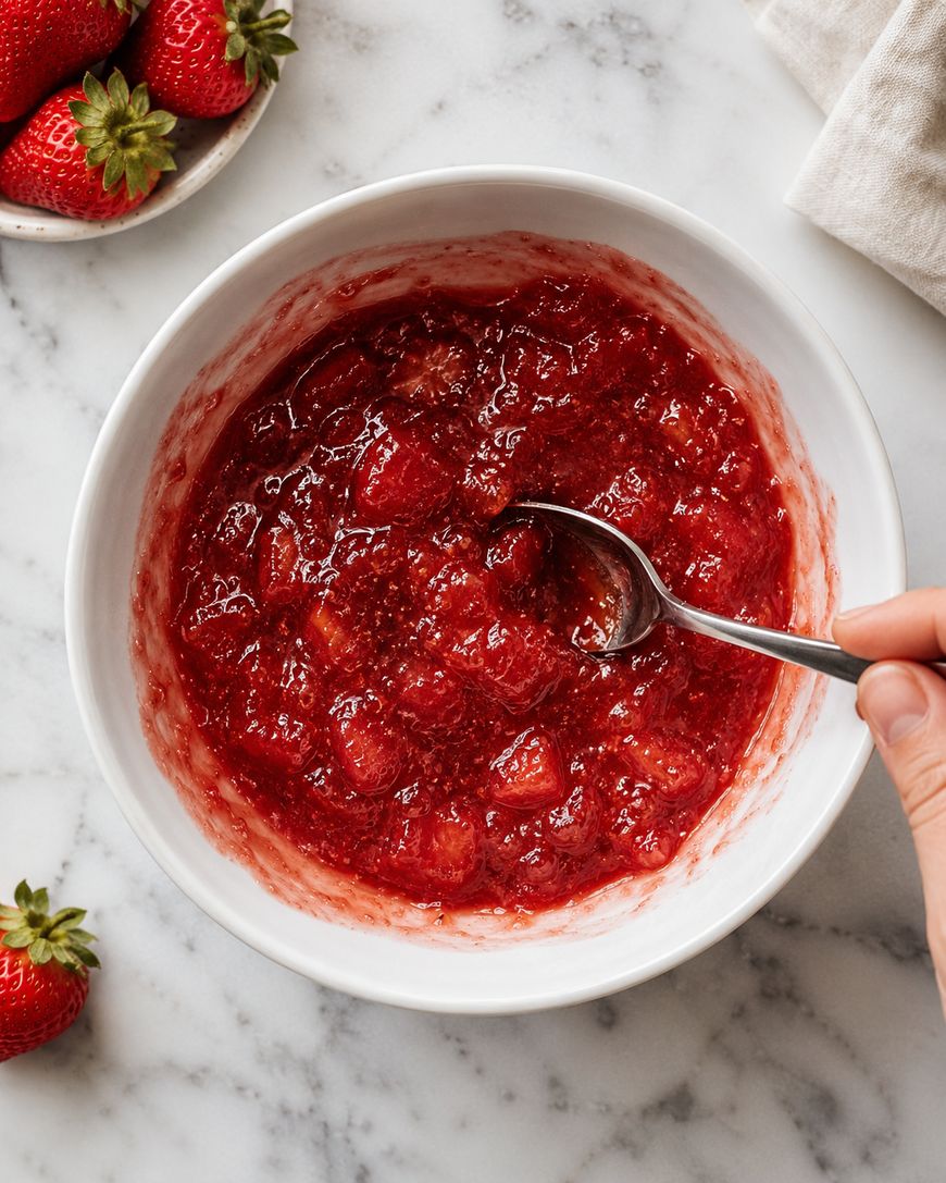 A hand stirs chunky strawberry sauce in a white bowl with a spoon. Fresh strawberries are on a plate nearby on a marble countertop.