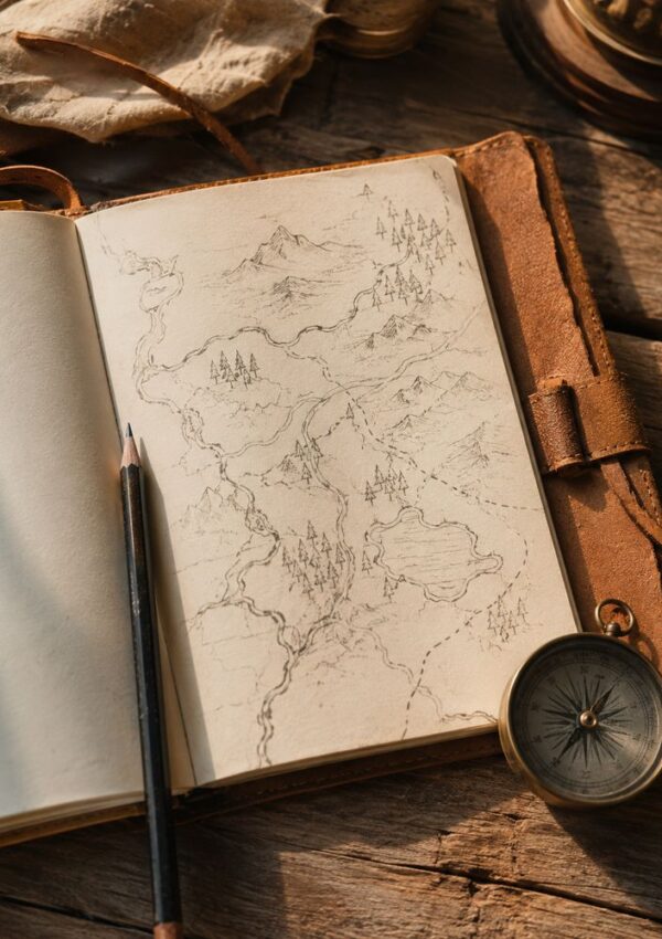 An open leather-bound notebook shows a hand-drawn fantasy map, with mountains, rivers, and forests. A pencil rests on the page, and a compass lies nearby on a wooden surface. Warm sunlight casts soft shadows.