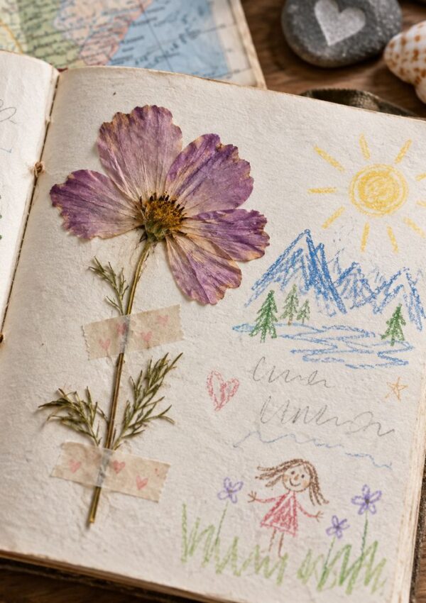 An open journal shows a pressed purple flower taped beside colorful crayon drawings of mountains, a sun, trees, and a smiling stick figure girl with flowers. Part of a map and seashells are visible nearby.