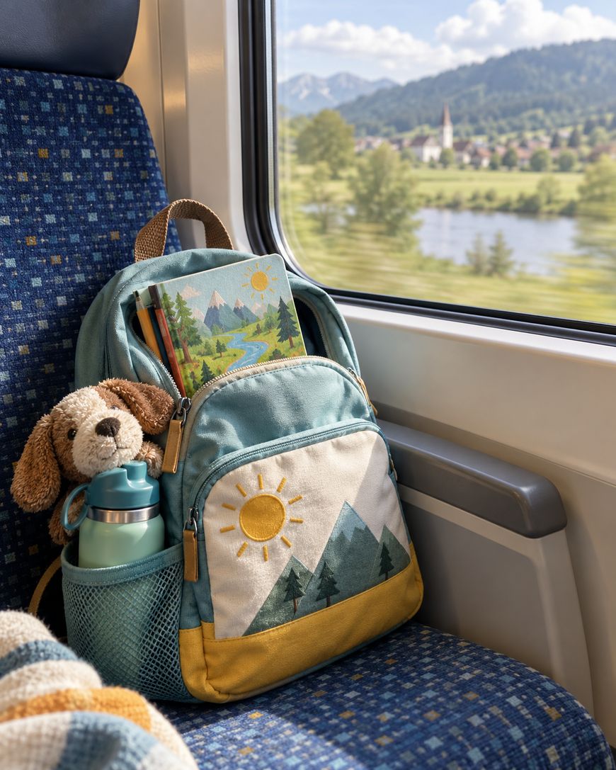 A colorful backpack with a mountain design, water bottle, notebooks, and a plush dog sits on a train seat by a window, scenic countryside and mountains visible outside.