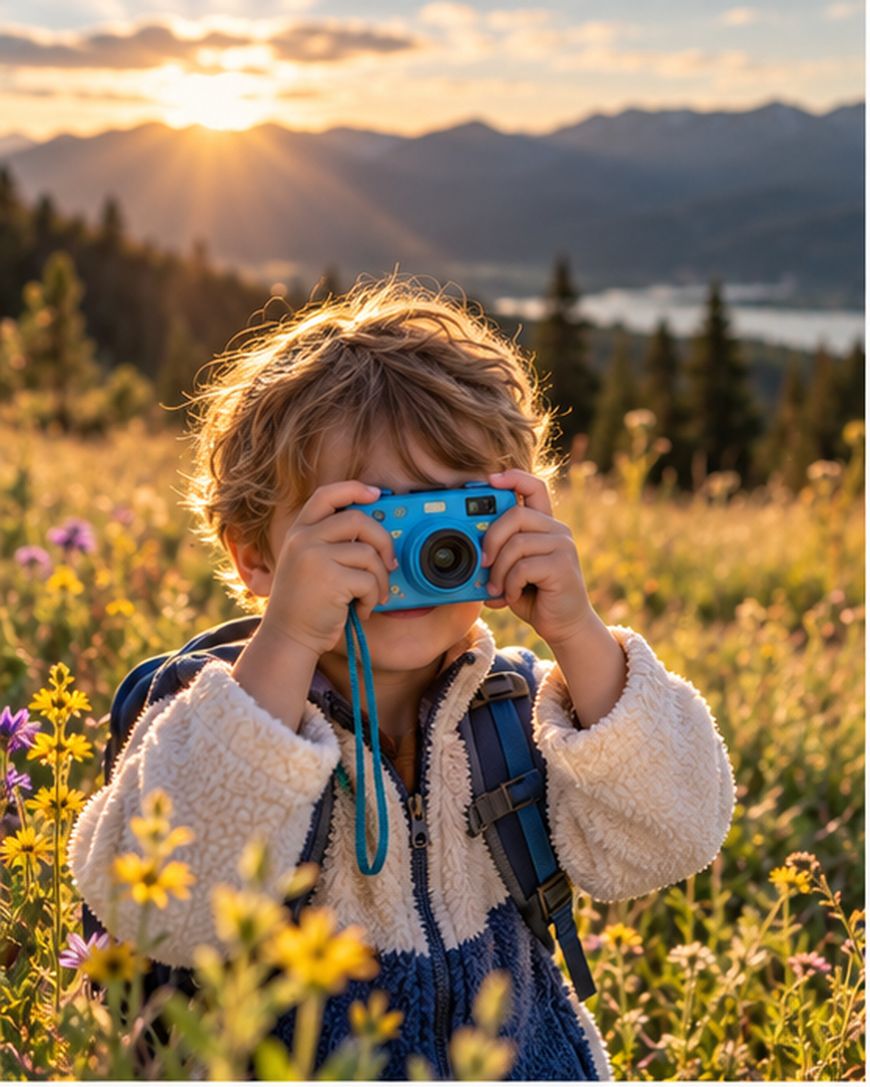 A young child in a fuzzy jacket holds a blue camera, taking a photo in a sunlit wildflower meadow with mountains and a lake in the background at sunset.