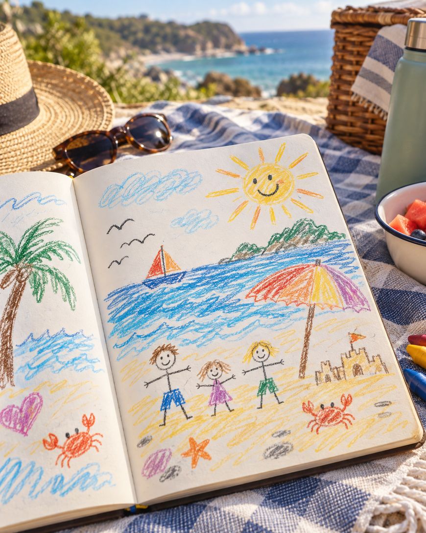 An open notebook with colorful beach drawings lies on a picnic blanket. Surrounding items include fruit, a hat, a flask, and a wicker basket. In the background, the sea, sand, and trees are visible.