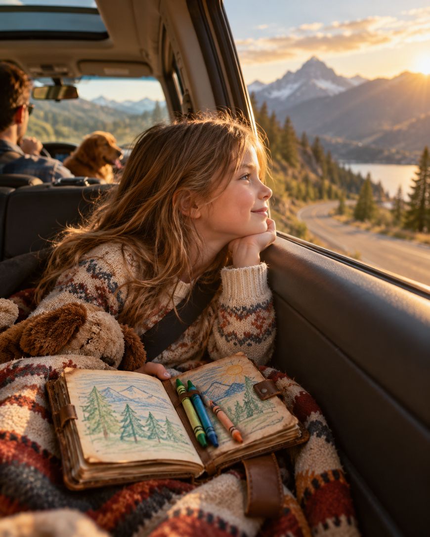 A smiling child in a car looks out the window at mountains, holding a cozy blanket. An open sketchbook with colorful drawings and crayons rests on their lap; sunlight streams in, illuminating the scenic landscape outside.
