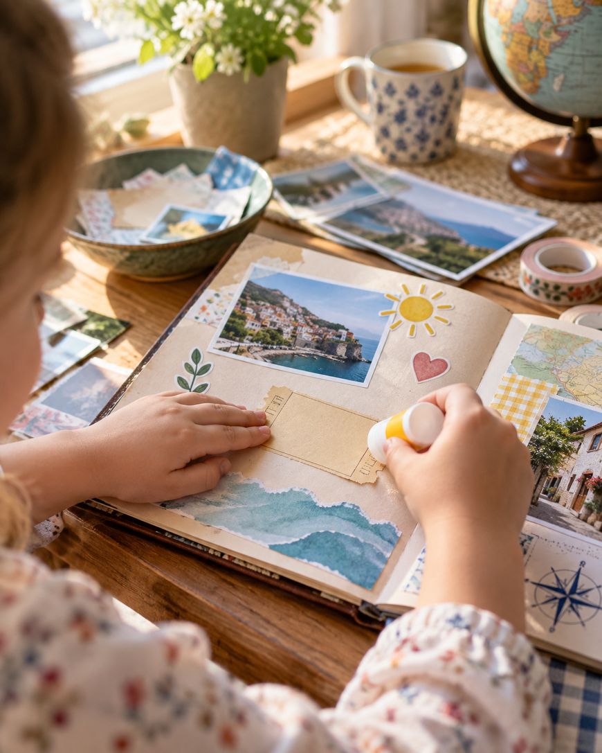 A person is making a scrapbook with travel photos and decorative paper, sitting at a wooden table with sunlight, a bowl, mug, flowers, and a globe nearby.