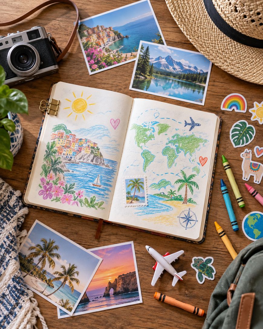 Open travel journal with colorful crayon drawings of a world map, beach, and sun, surrounded by travel photos, camera, hat, toy plane, stickers, and crayons on a wooden table.