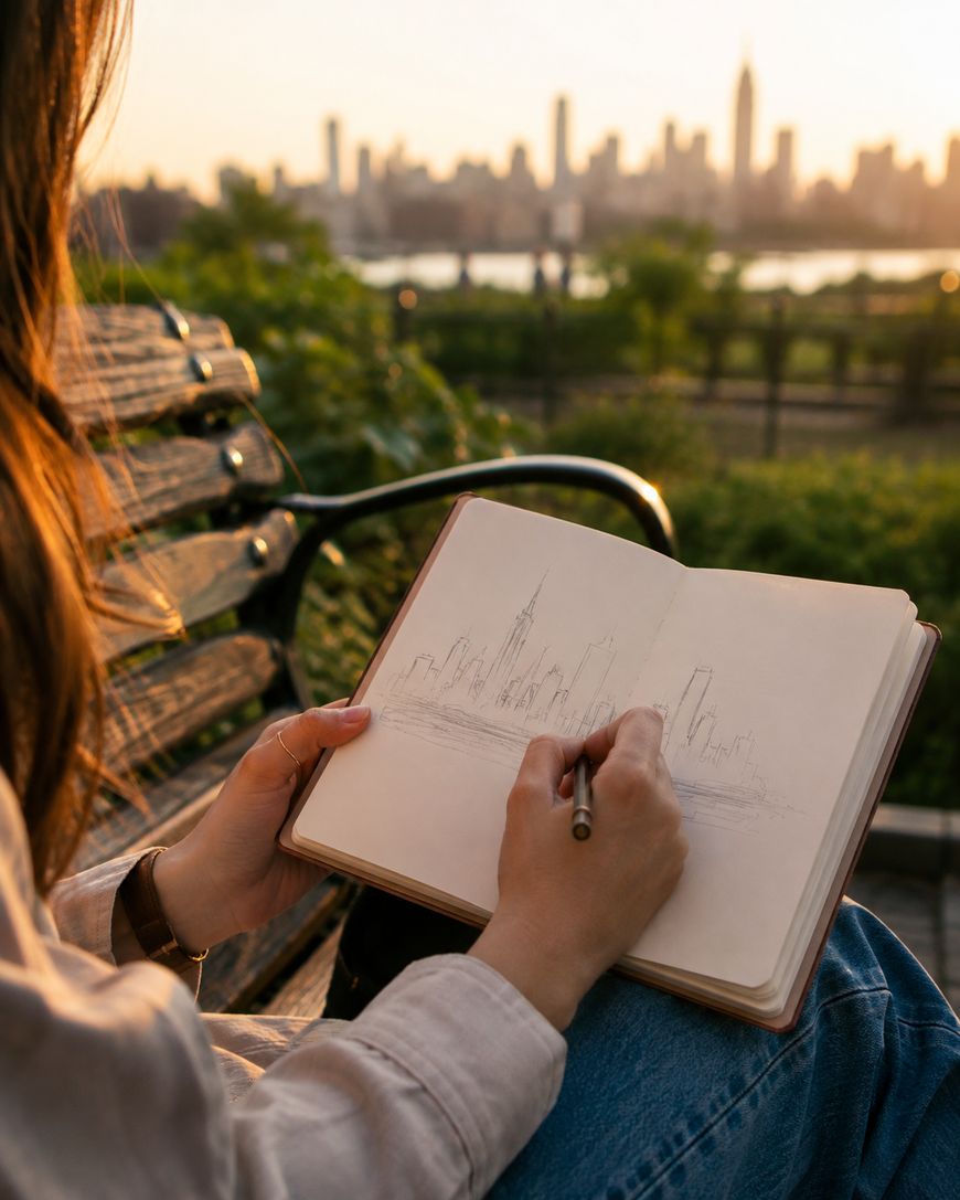 Person sketching a city skyline in a notebook at sunset