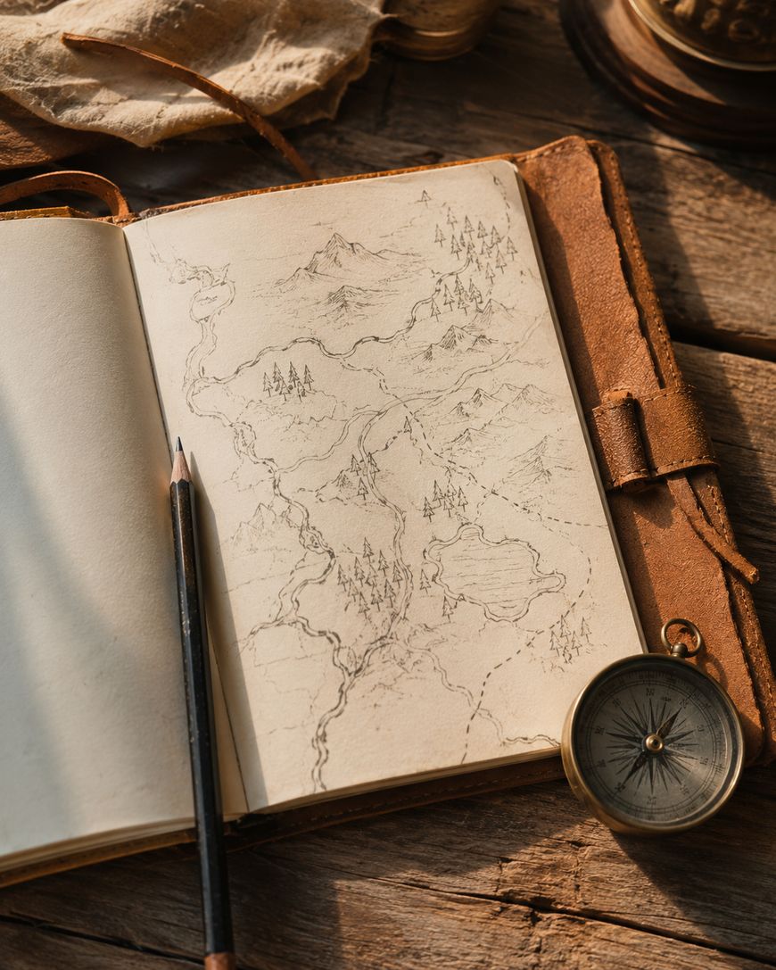 Open travel journal with a hand-drawn map, pencil, and compass