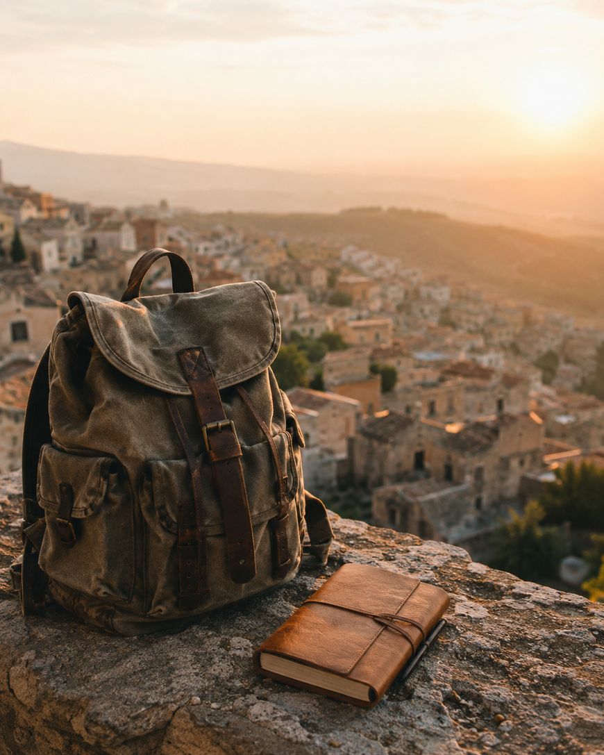 Backpack and travel journal resting on a stone wall above a sunlit hillside town