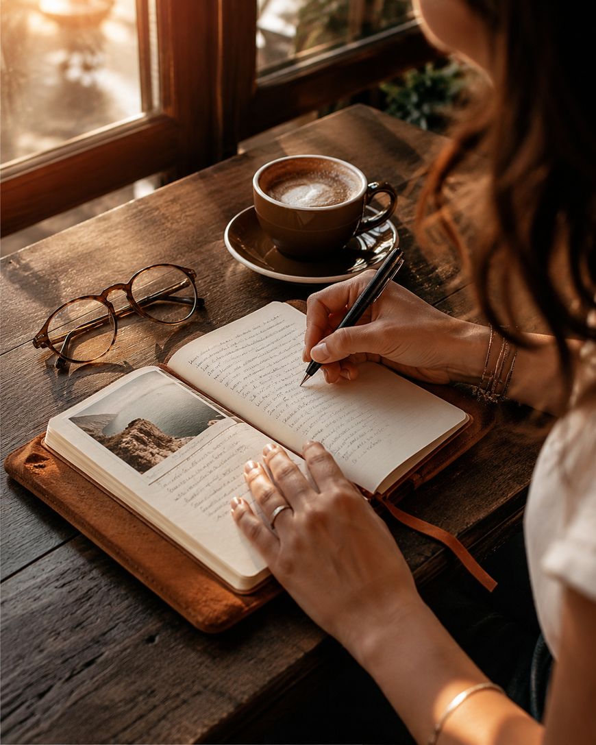 Woman writing in her travel journal at a table with coffee and glasses