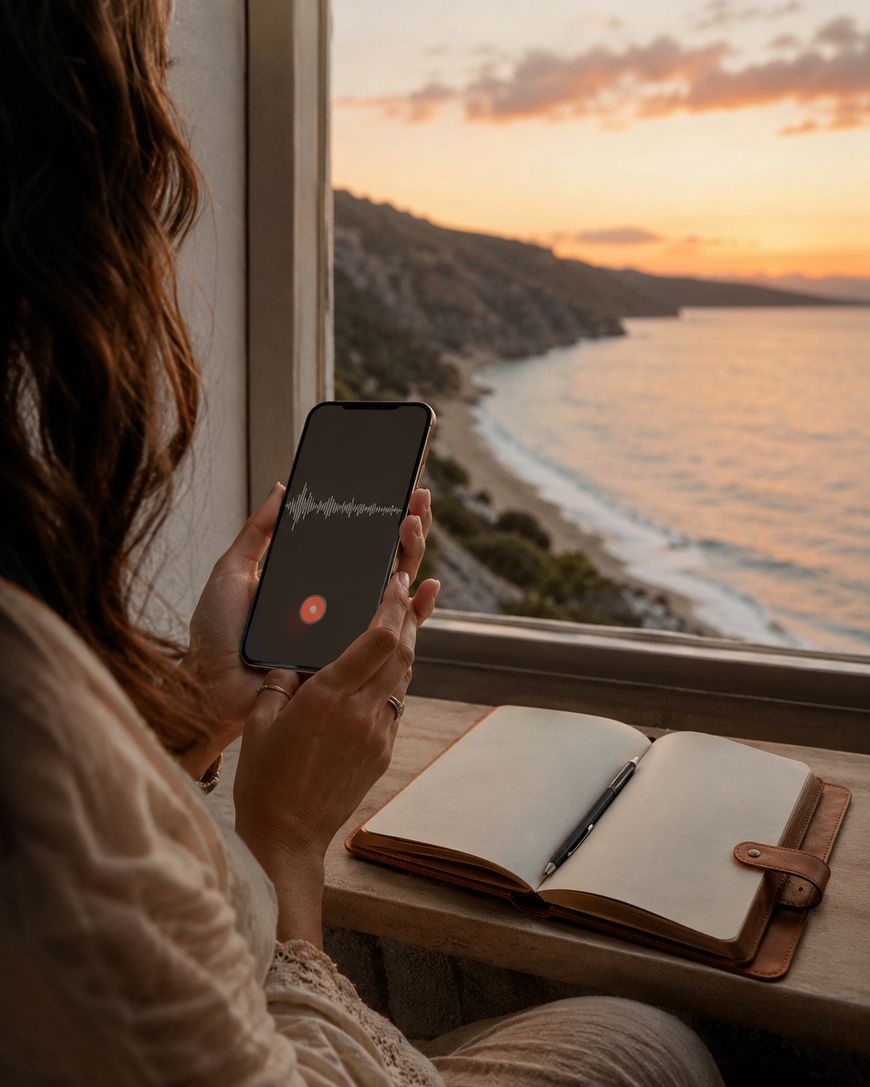 Recording a voice memo on a phone beside an open travel journal overlooking the ocean
