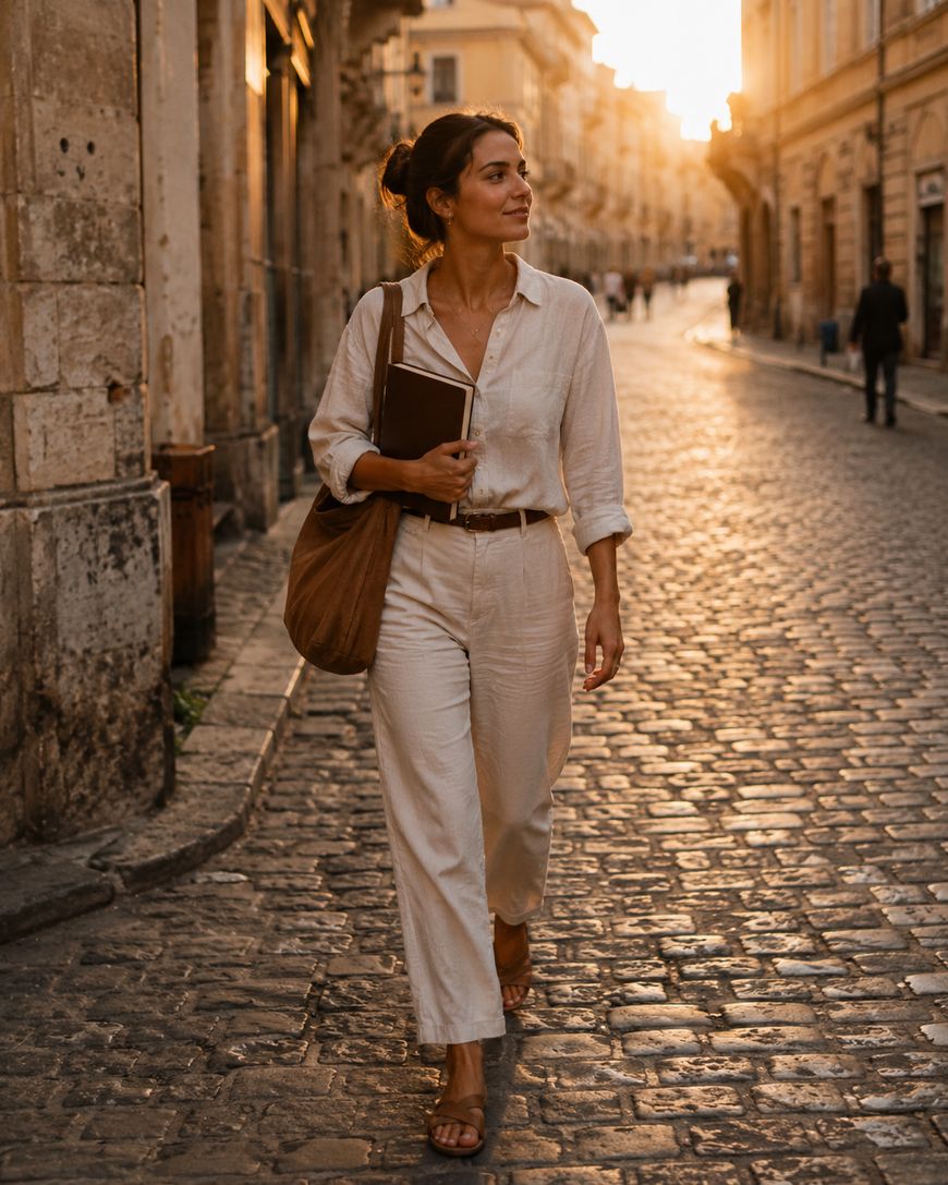 Woman walking down a cobblestone street at sunset holding a journal