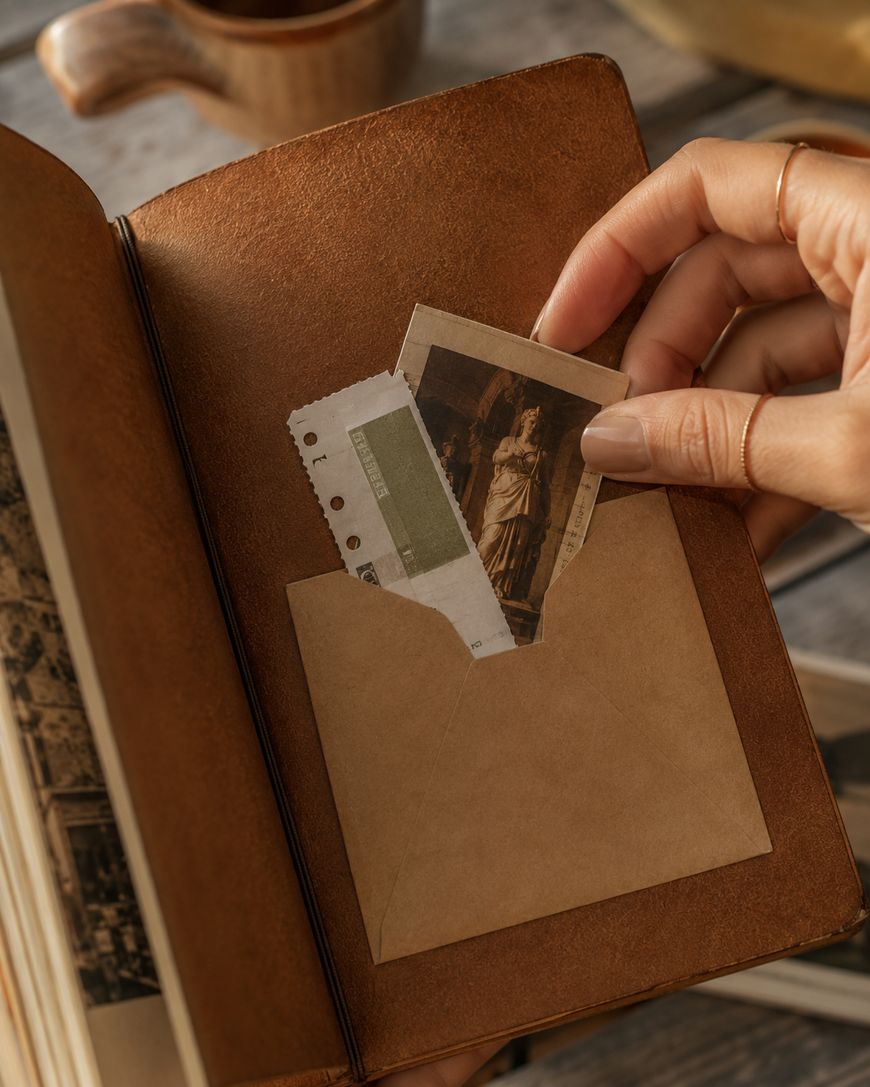 Hand tucking a ticket stub and postcard into an envelope inside a travel journal