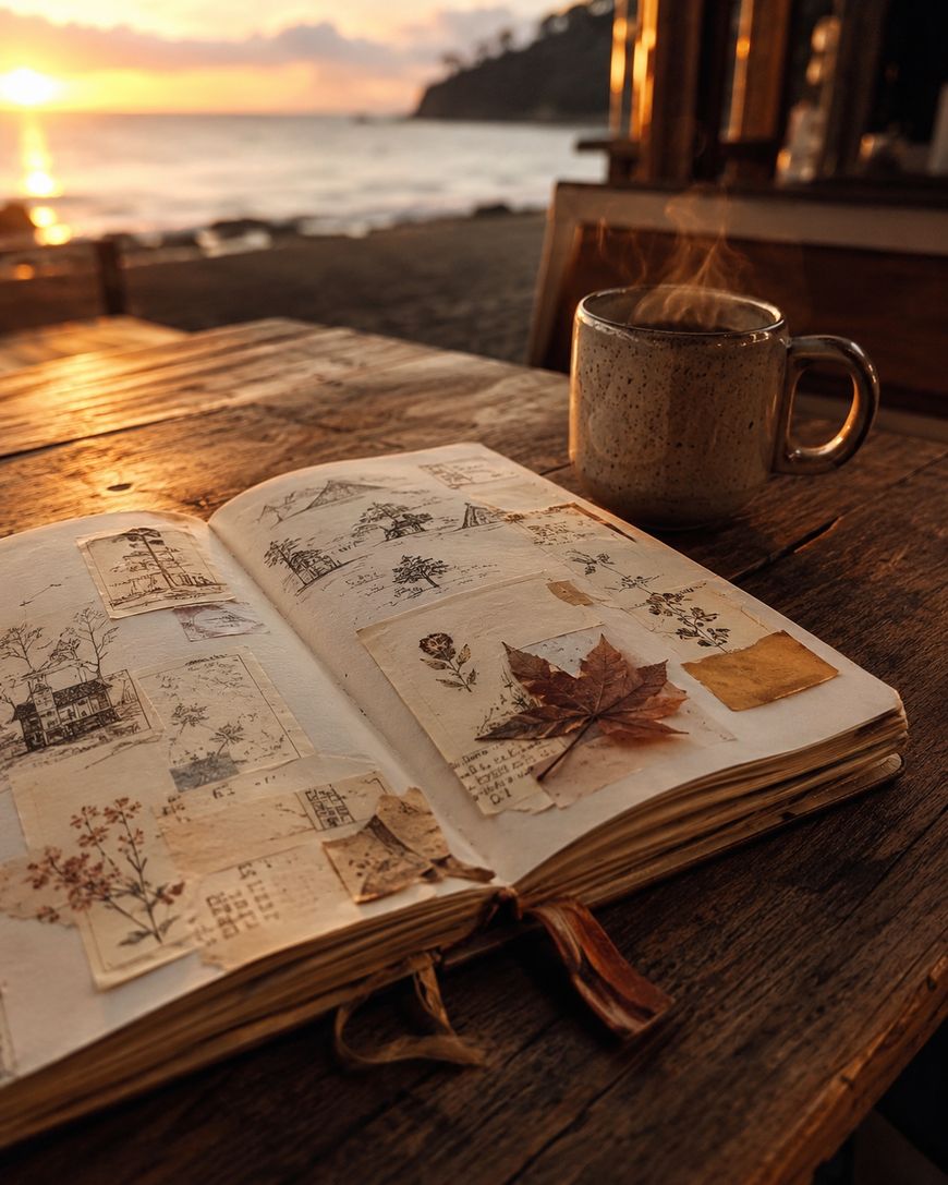 Travel journal with a pressed leaf beside a steaming mug at sunset on the beach