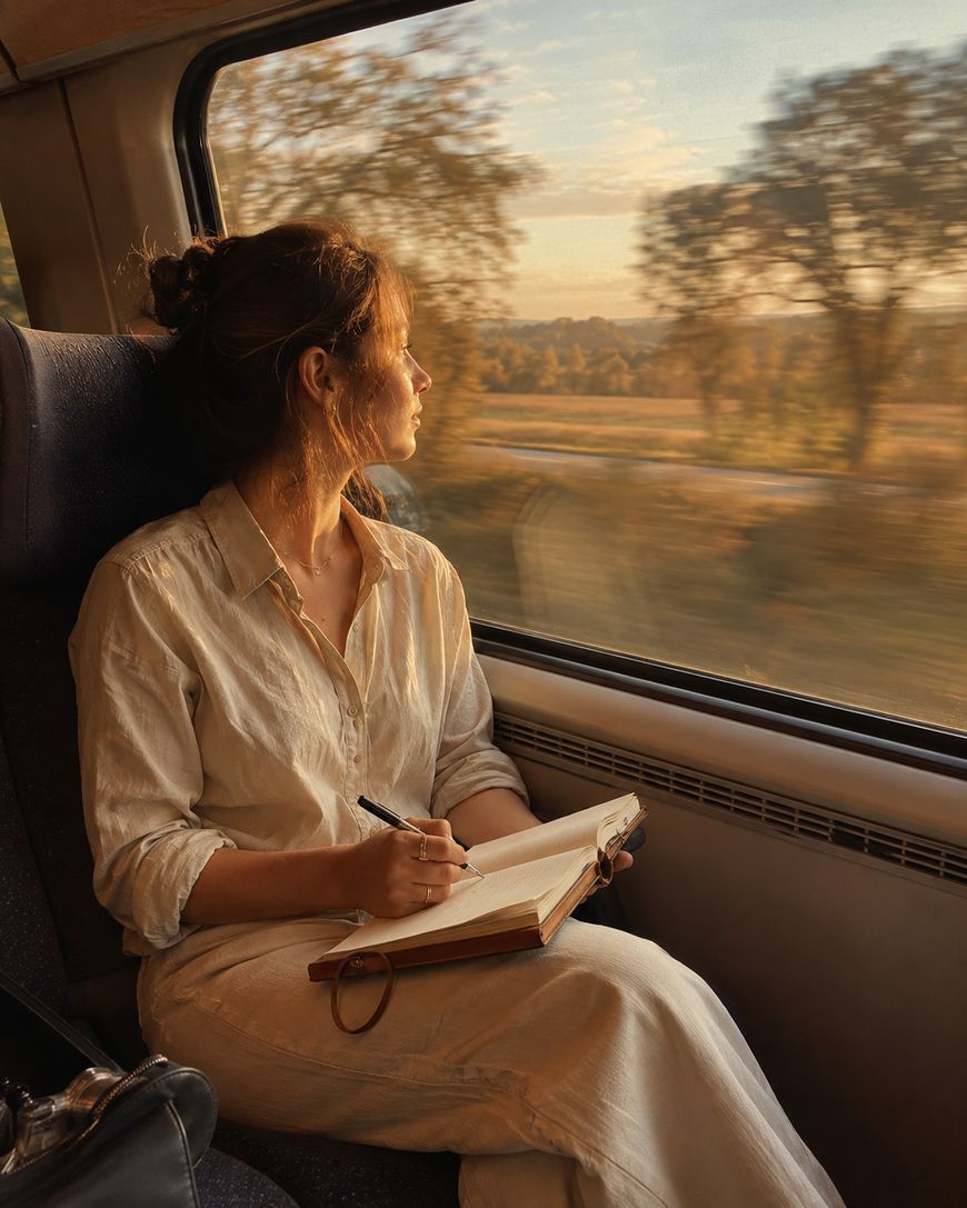 Woman writing in a travel journal by a train window at sunset