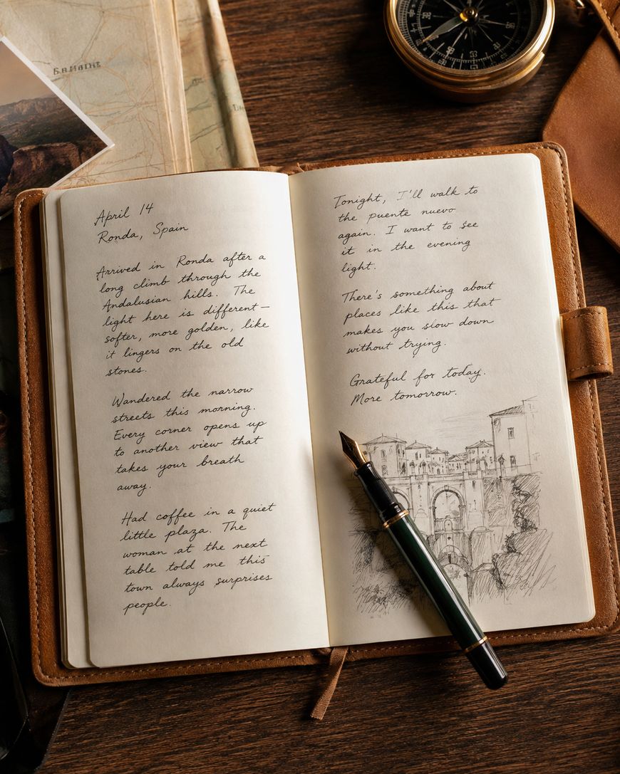 Open travel journal with handwritten notes and a sketch of a bridge