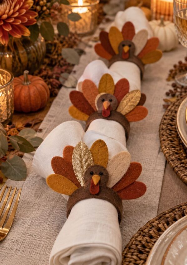 Three white napkins rolled in turkey-shaped felt napkin rings are placed on a fall-themed table set with plates, glasses, candles, flowers, and small pumpkins.
