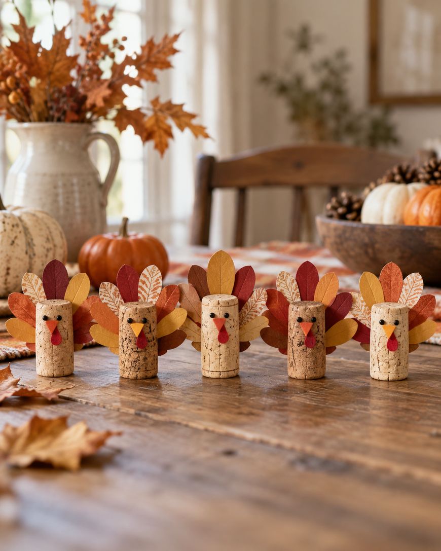 Five corks decorated as turkeys with colorful paper feathers and small beaks are lined up on a rustic wooden table with autumn decor in the background.